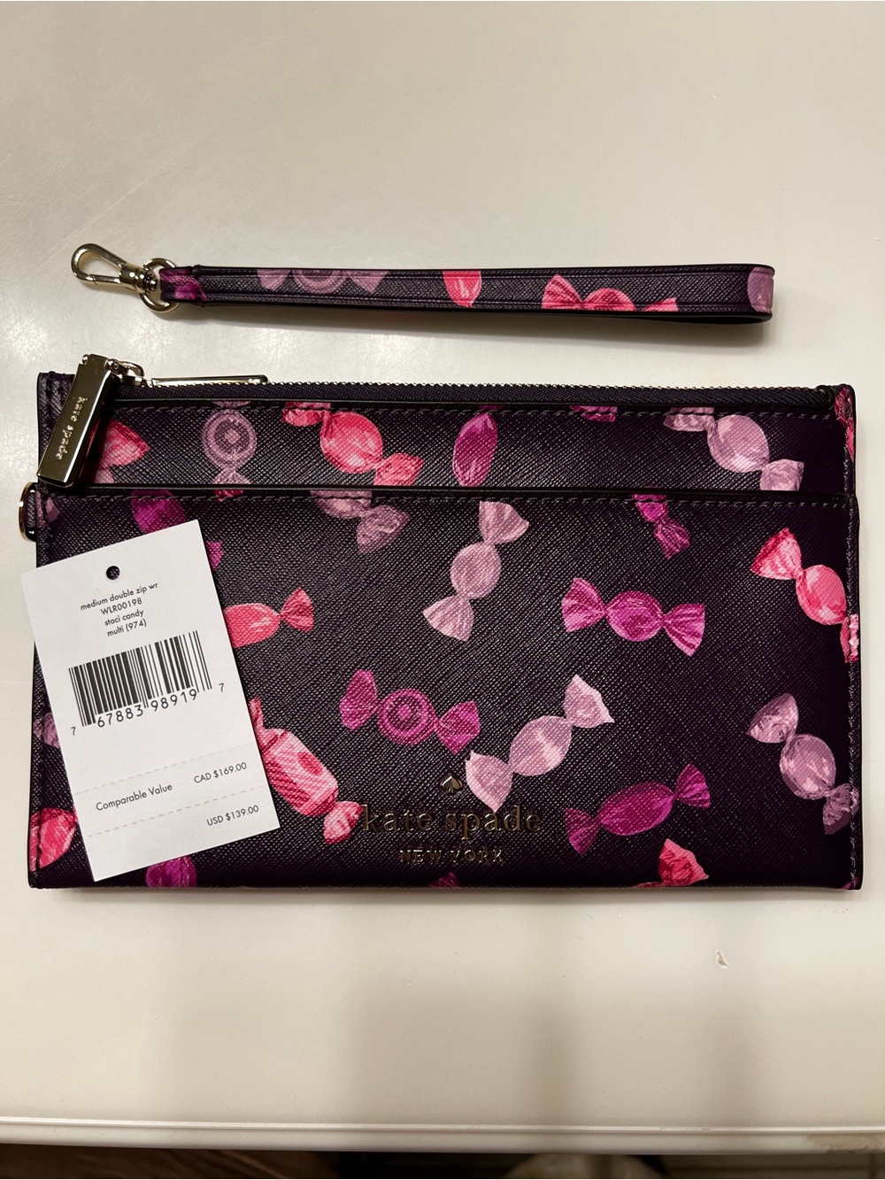kate spade Black Wristlet with Pink Candy Print